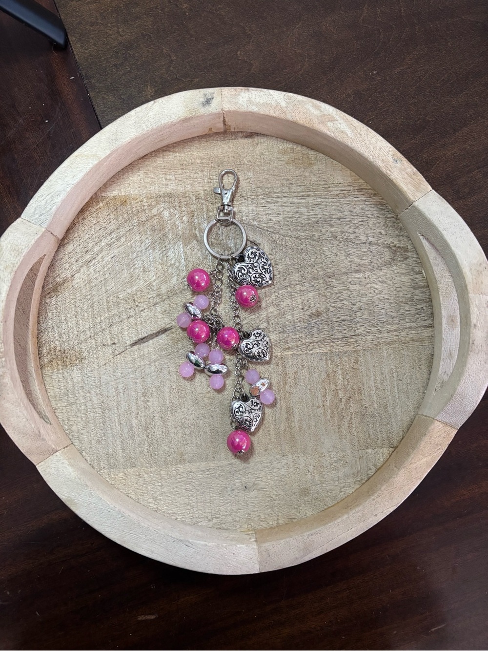 Pink Beaded Heart Charm Keychain